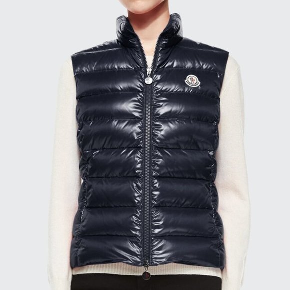 Moncler Jackets & Blazers - Moncler Ghany Short Shiny Nylon Down Vest Navy